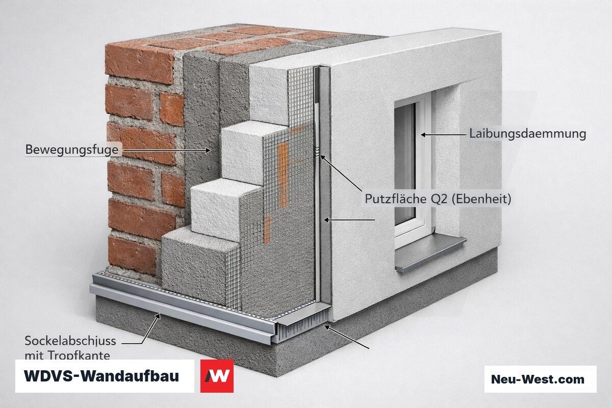 Detailschnitt einer WDVS-Fassade mit Sockeltropfkante, Bewegungsfuge, Laibungsdämmung und glatter Q2-Putzfläche zur VOB-Abnahme.