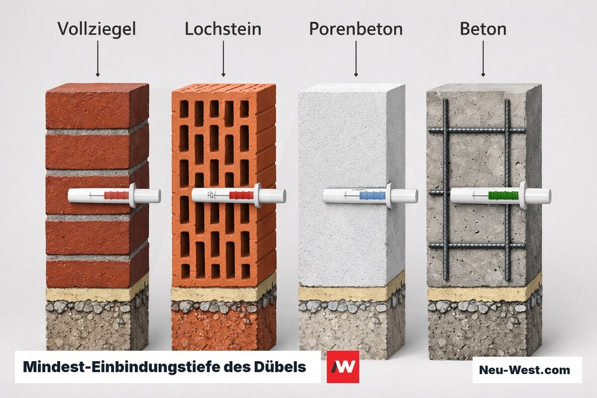Mindest-Einbindungstiefe des Dübels nach Substratklasse bei Aufdopplung – Erklär-Grafik (NEUWEST Berlin)