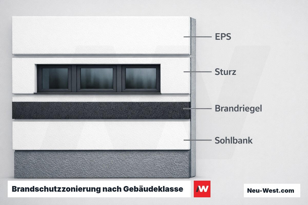 Brandschutzzonierung nach Gebäudeklasse: Brandriegel-Position und Pflichtbereiche – Erklär-Grafik (NEUWEST Berlin)
