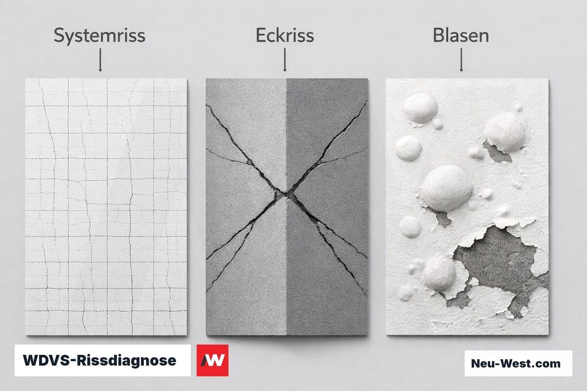 WDVS-Rissdiagnose: Schadensmuster, Ursache und Sanierungskonsequenz im Vergleich – Erklär-Grafik (NEUWEST Berlin)