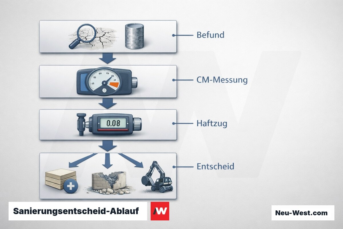 Sanierungsentscheid-Ablauf: Von der Substratprüfung zur Verfahrenswahl – Erklär-Grafik (NEUWEST Berlin)