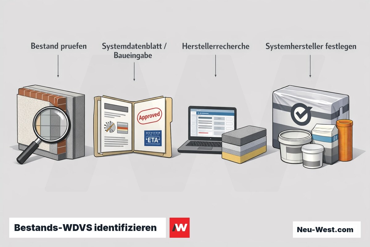 Ablauf in vier Schritten zur Identifikation des bestehenden WDVS: Bestandspruefung, Systemdatenblatt, Herstellerrecherche und Festlegung des Systemherstellers.