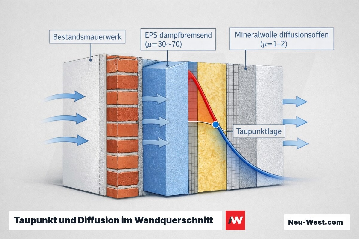Wandquerschnitt mit Aufdopplung: Dampfdiffusion von innen nach außen, Temperaturverlauf und Taupunktlage bei EPS gegenüber diffusionsoffener Mineralwolle.