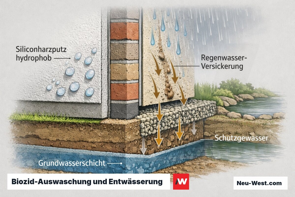 Querschnitt: hydrophober Siliconharzputz, Regenwasser-Versickerung im Grundstück, Auswaschung von Wirkstoffen in Boden, Grundwasser und Schutzgewässer.