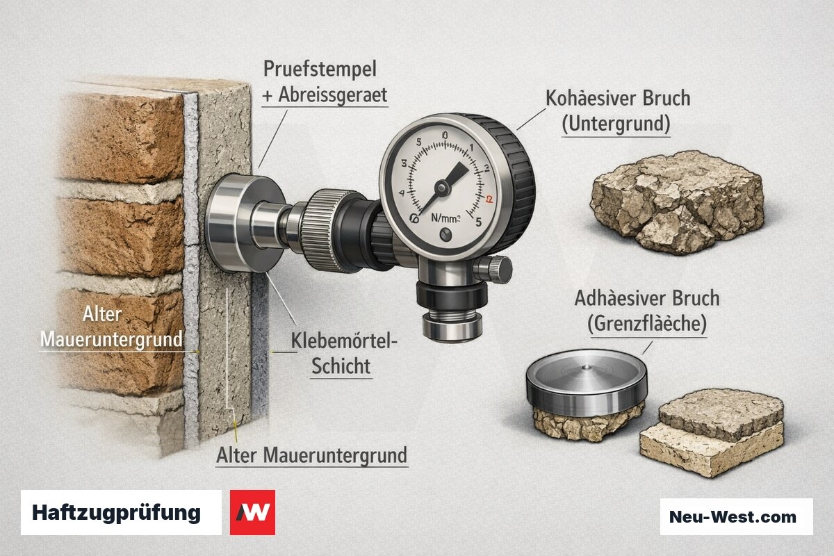 Erklär-Grafik einer Haftzugprüfung vor WDVS-Aufdopplung: Abreißgerät mit Prüfstempel am Untergrund sowie Vergleich von kohäsivem und adhäsivem Bruchbild.