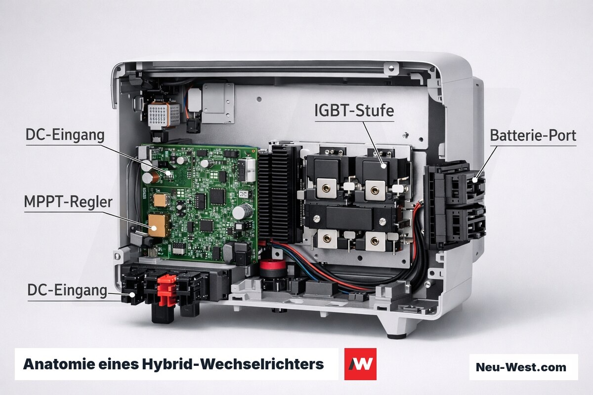 Anatomie eines Hybrid-Wechselrichters – Erklär-Grafik (NEUWEST Berlin)