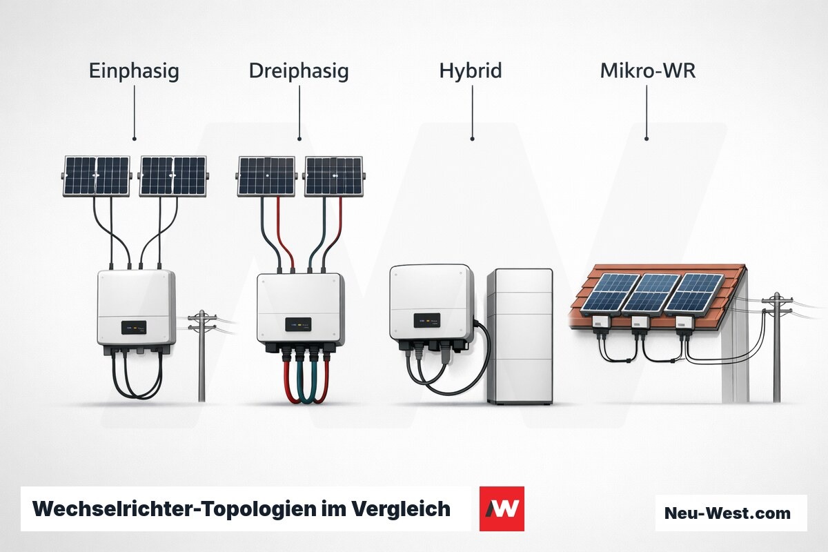 Wechselrichter-Topologien im Vergleich – Erklär-Grafik (NEUWEST Berlin)