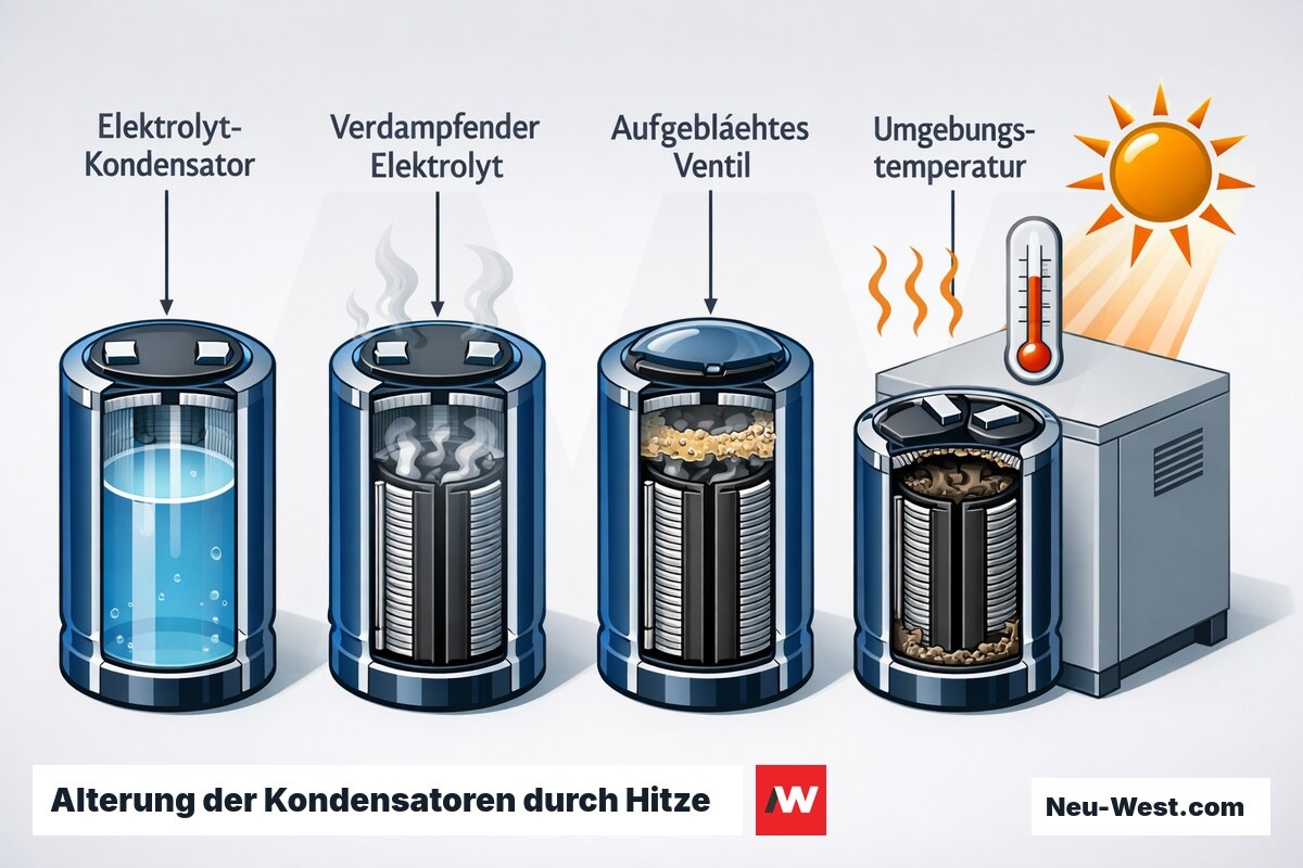 Sequenz-Diagramm zeigt, wie ein Elektrolyt-Kondensator im Wechselrichter bei steigender Raumtemperatur über Jahre austrocknet, aufbläht und schließlich ausfällt.