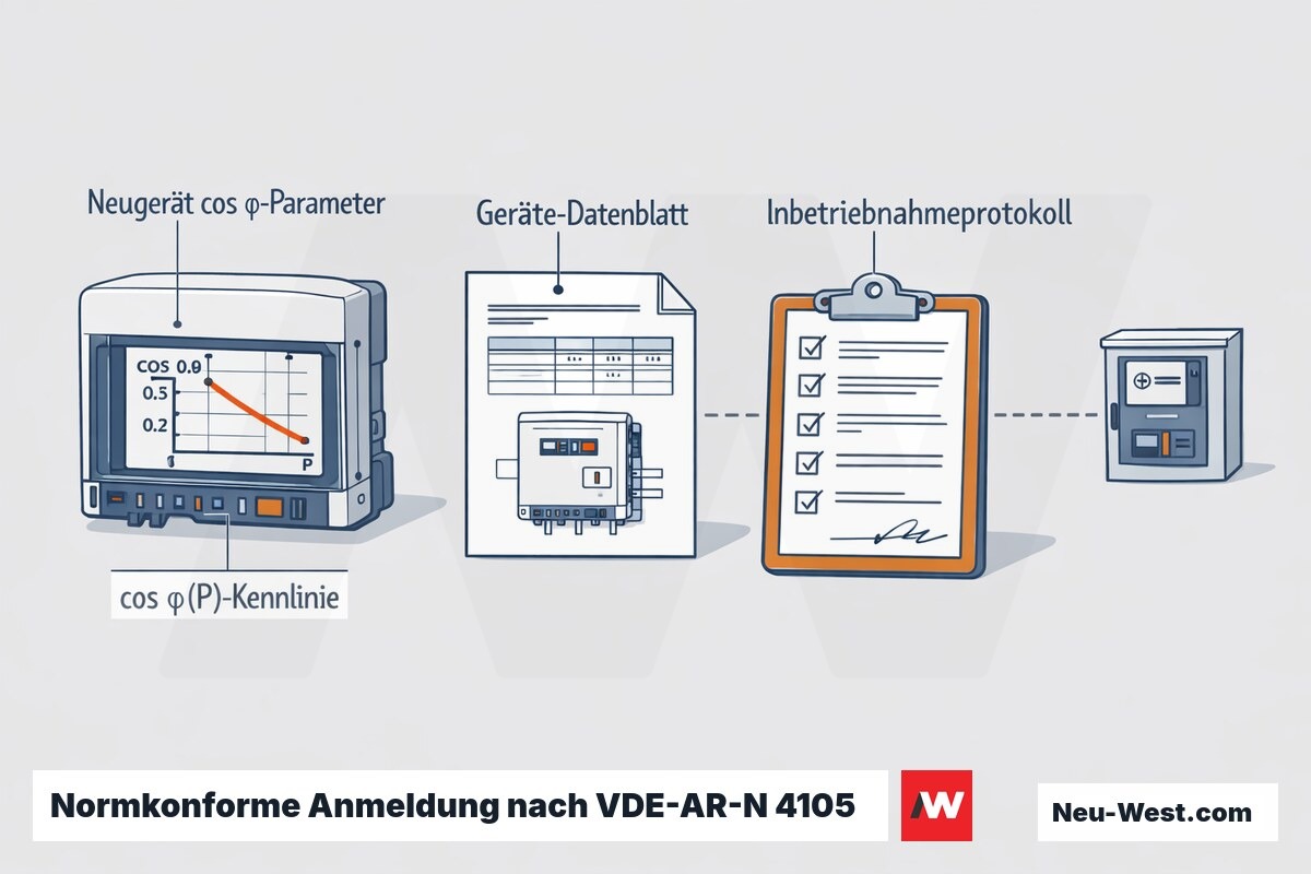 Erklär-Grafik: Wechselrichter mit cos-φ-Kennlinie, Geräte-Datenblatt und Inbetriebnahmeprotokoll zur Anmeldung bei Stromnetz Berlin nach VDE-AR-N 4105.