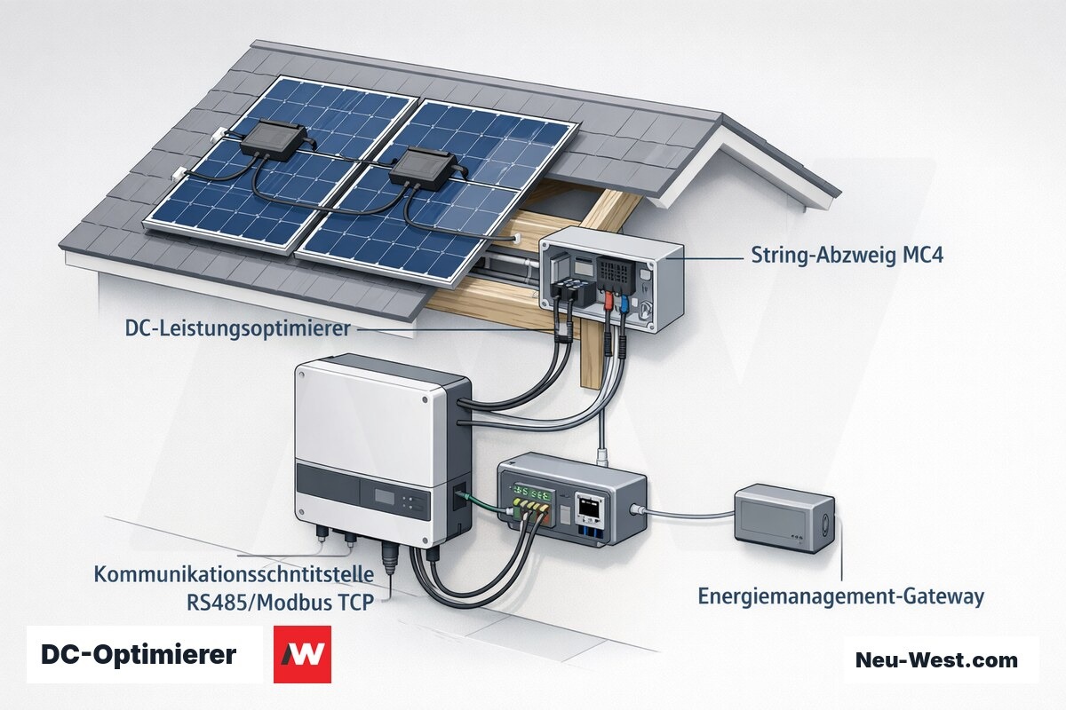 Cutaway-Schema: DC-Leistungsoptimierer an String-Abzweigen, String-Wechselrichter mit RS485/Modbus-TCP-Schnittstelle und Energiemanagement-Gateway bei Teilverschattung.