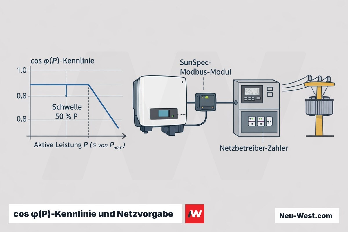 Erklär-Grafik: cos-φ(P)-Kennlinie mit 50-%-Schwelle, Wechselrichter mit SunSpec-Modbus-Modul und Netzbetreiber-Zähler für die Blindleistungsvorgabe.