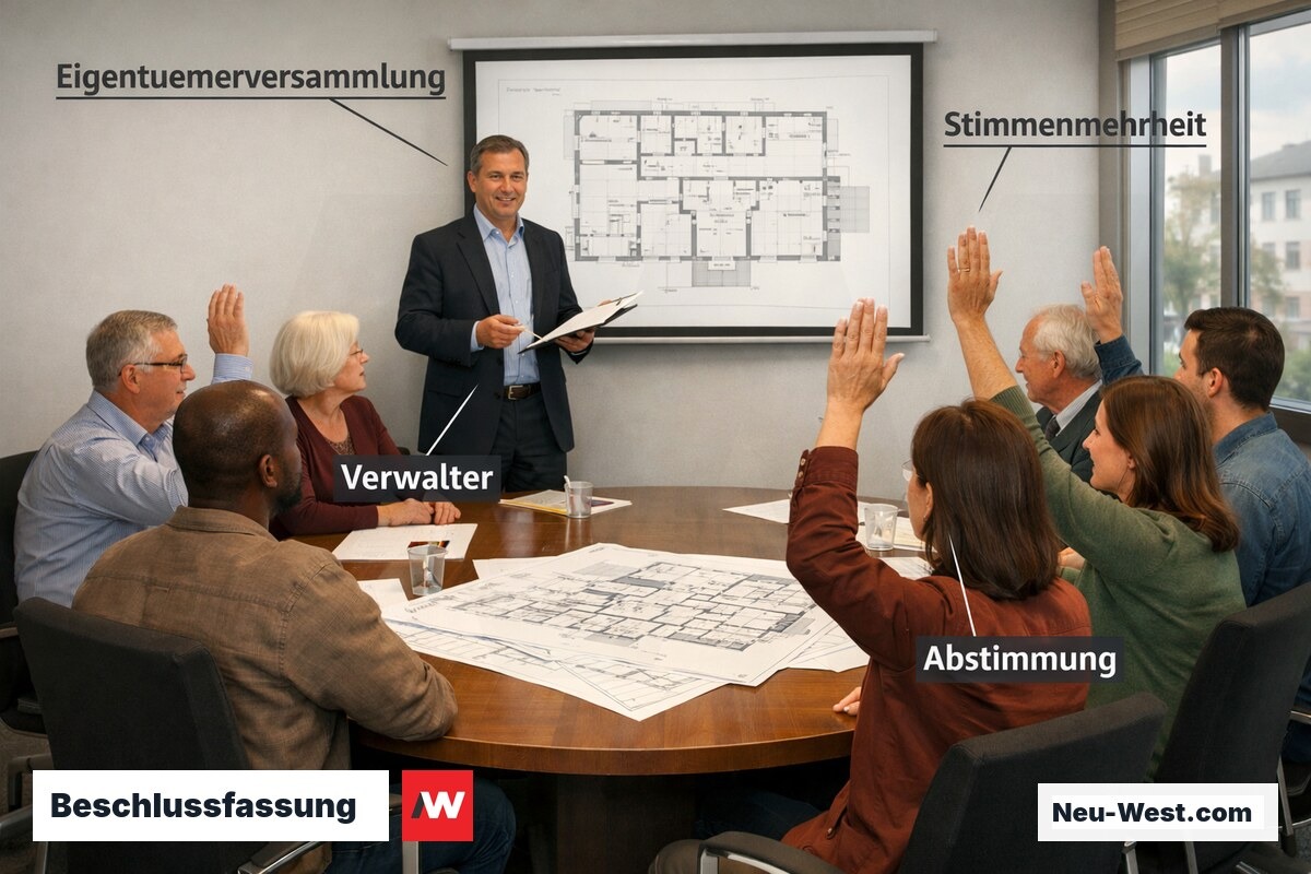 Eigentümerversammlung mit abstimmenden Wohnungseigentümern und Verwalter, Abstimmung über Sanierungsmaßnahmen