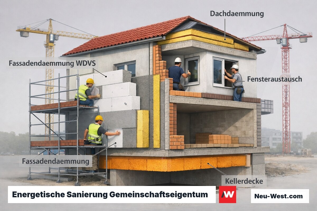 Querschnitt eines Mehrfamilienhauses mit laufenden Sanierungsmaßnahmen an Fassade, Dach, Fenstern und Kellerdecke