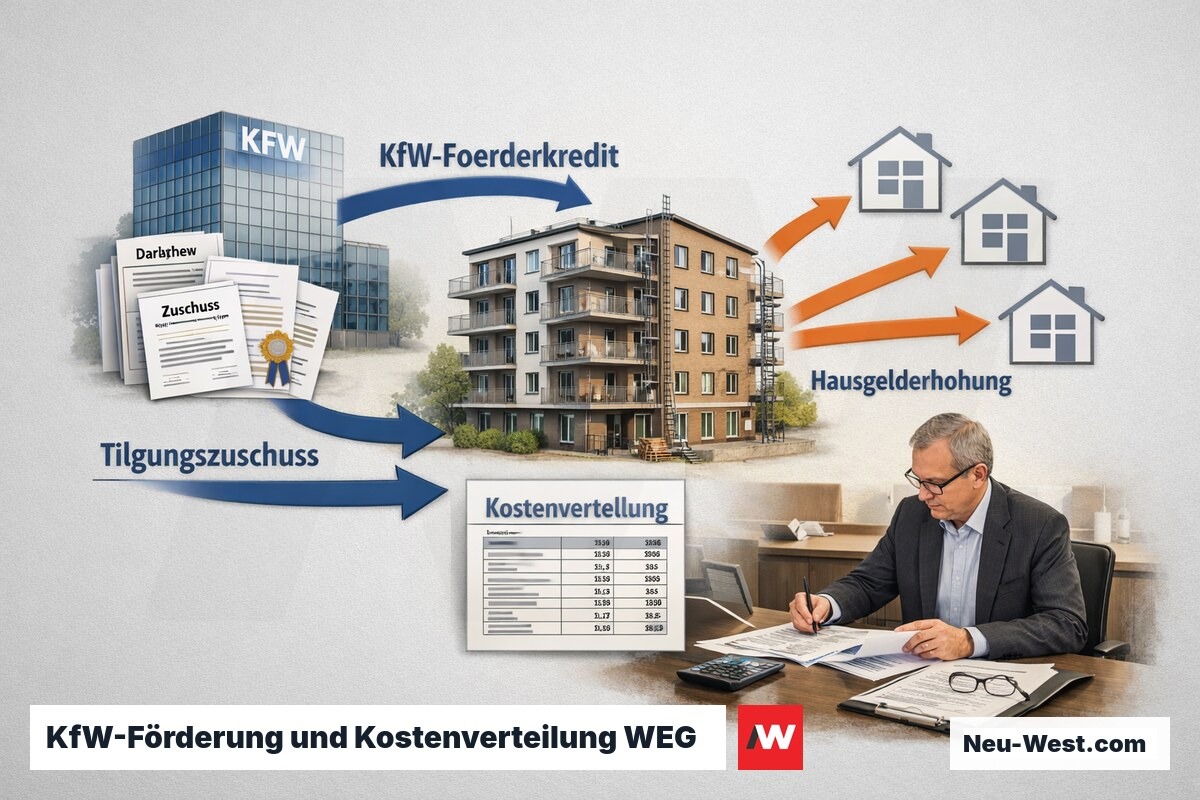 Finanzierungsfluss einer WEG-Sanierung mit KfW-Förderkredit, Tilgungszuschuss und anteiliger Kostenverteilung auf Eigentümer