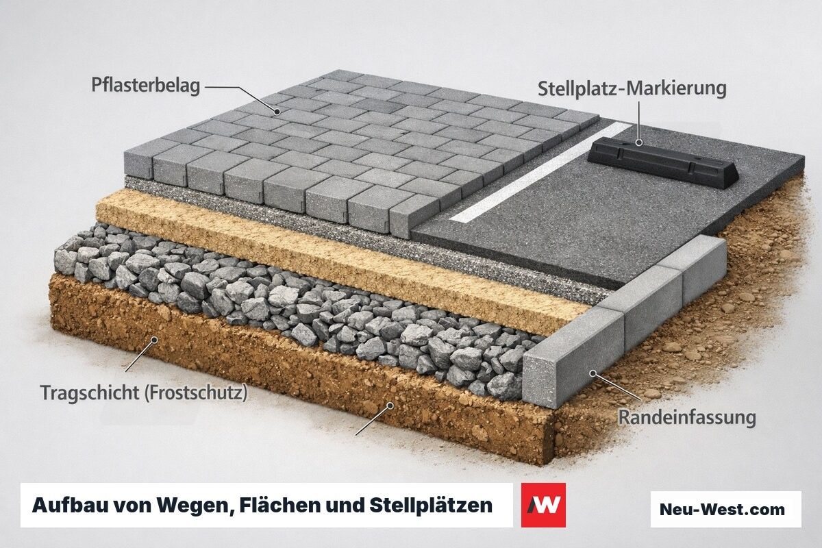 Querschnitt einer befestigten Fläche mit Frostschutz-Tragschicht, Pflasterbelag, Randeinfassung und markiertem Stellplatz.