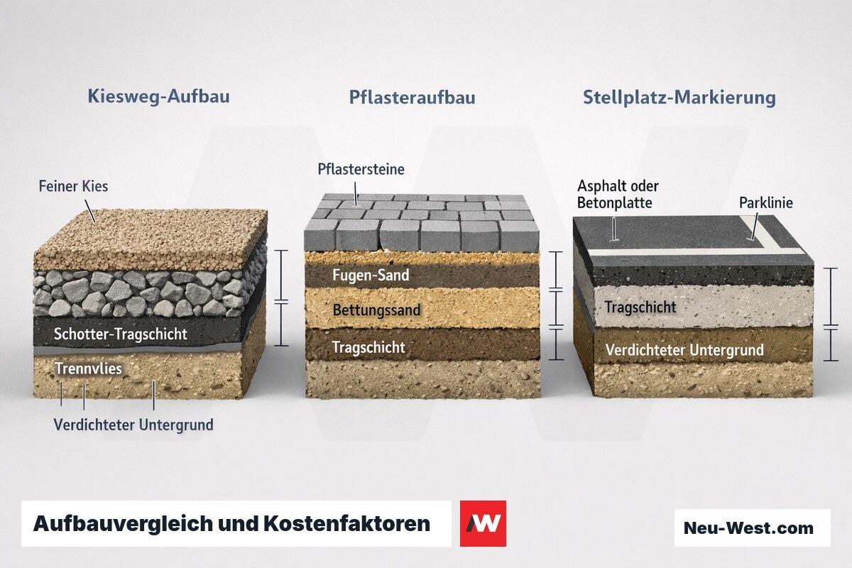 Querschnitt-Vergleich von Kiesweg, Pflasterfläche und markiertem Stellplatz mit Schichtaufbau als Kostenfaktoren im Garten- und Wegebau.