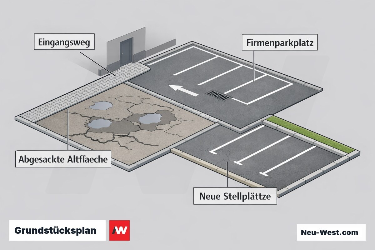 Isometrischer Grundstücksplan mit Eingangsweg, Firmenparkplatz, abgesackter Altfläche und neuen Stellplätzen als Übersicht der Flächentypen.