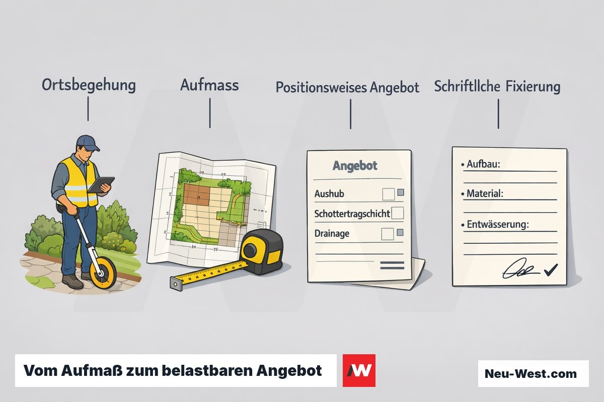 Ablauf in vier Schritten: Ortsbegehung, Aufmaß, positionsweises Angebot und schriftliche Fixierung von Aufbau und Entwässerung für faire Angebotsvergleiche.