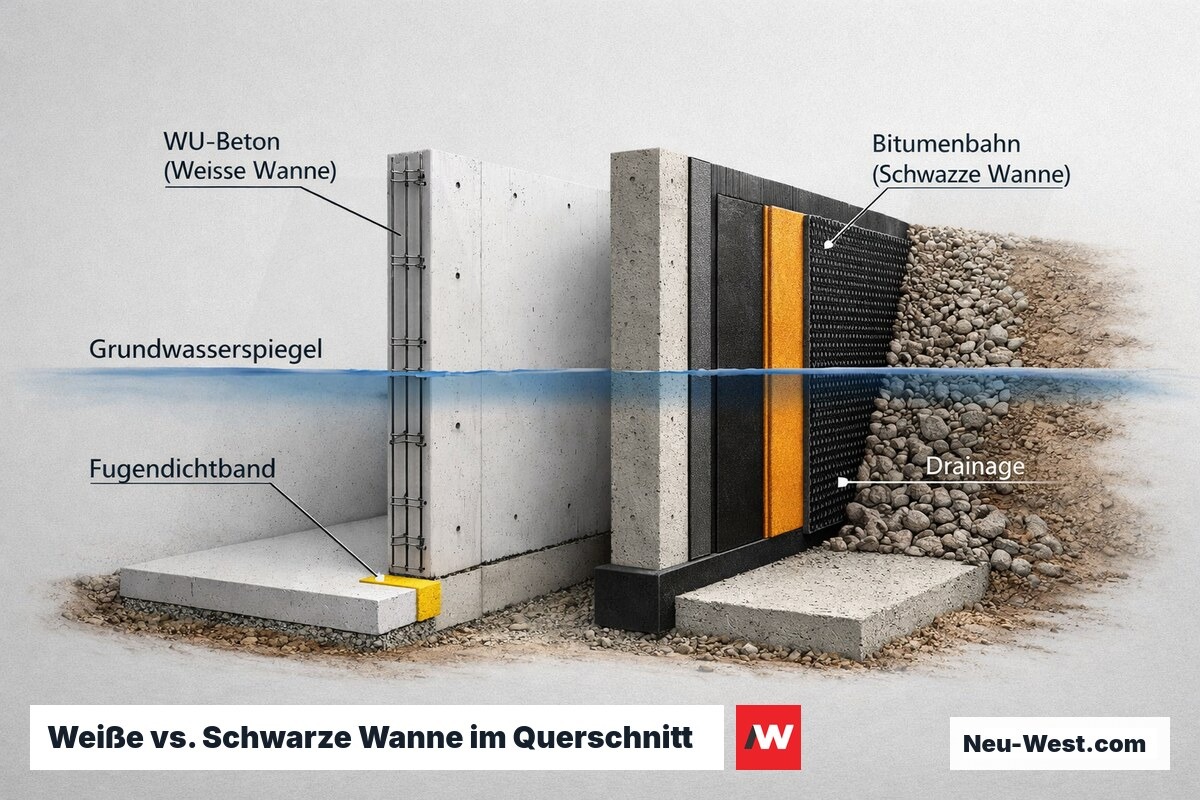 Querschnitt-Vergleich Weiße Wanne aus WU-Beton und Schwarze Wanne mit Bitumenbahn bei Grundwasserbelastung