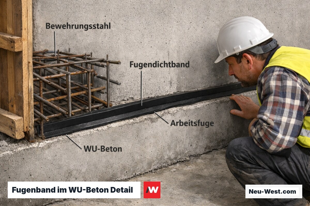 Detailaufnahme Einbau eines Fugendichtbands an der Arbeitsfuge zwischen WU-Bodenplatte und Kellerwand