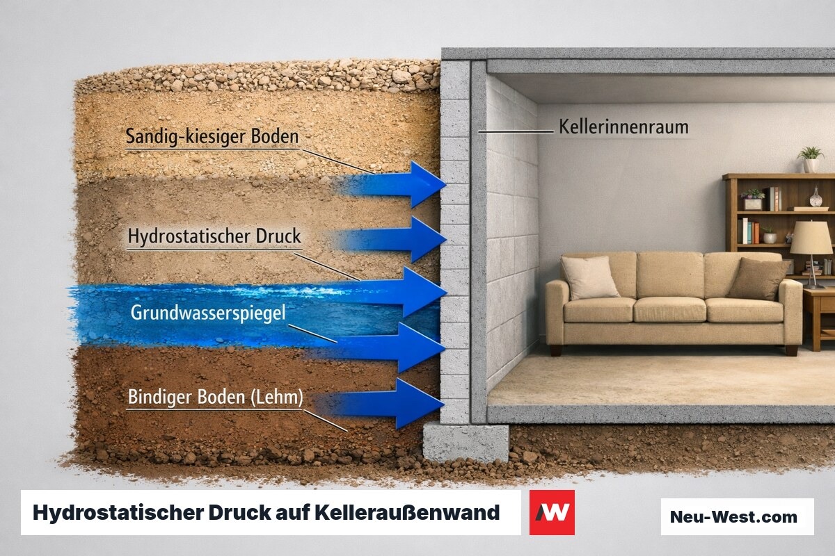 Illustration des zunehmenden hydrostatischen Wasserdrucks auf eine Kelleraußenwand bei steigendem Grundwasserspiegel