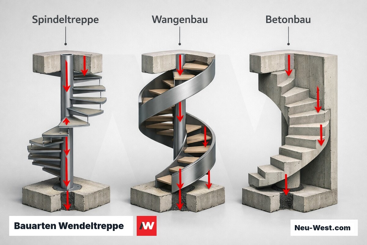 Bauarten Wendeltreppe: statisches Prinzip und Lastpfad im Vergleich – Erklär-Grafik (NEUWEST Berlin)
