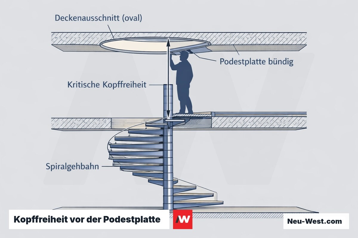 Querschnitt einer Wendeltreppe mit markierter kritischer Kopffreiheit in den letzten 90° vor der bündigen Podestplatte und versetztem ovalem Deckenausschnitt.