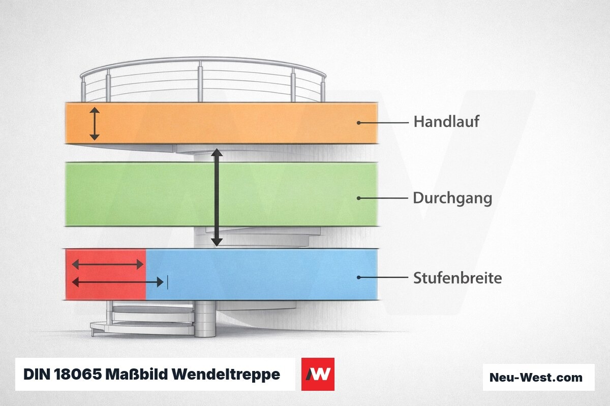 DIN 18065 Maßbild Wendeltreppe: Normwerte und Toleranzzonen – Erklär-Grafik (NEUWEST Berlin)