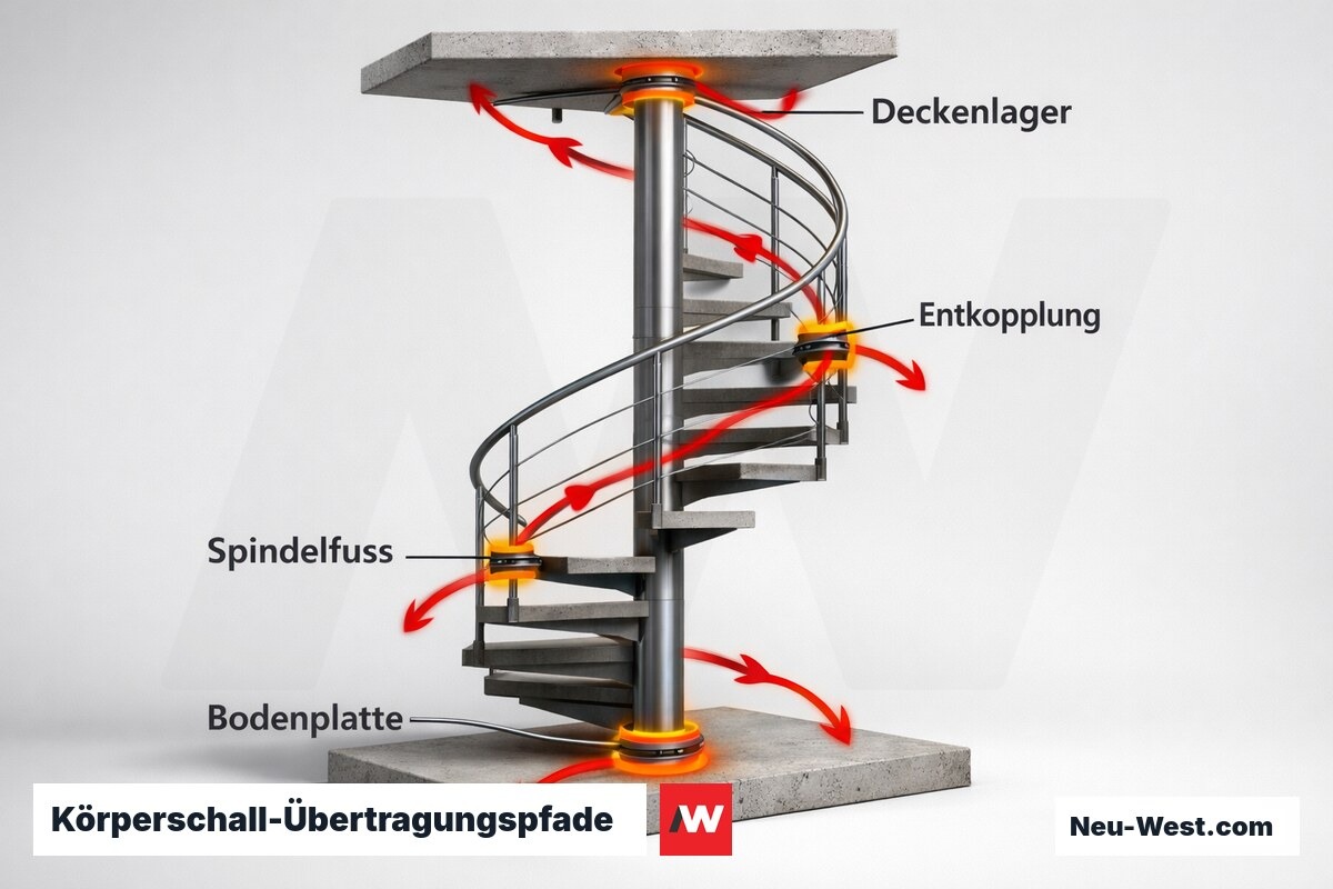 Körperschall-Übertragungspfade und Entkopplungspunkte bei der Spindeltreppe – Erklär-Grafik (NEUWEST Berlin)