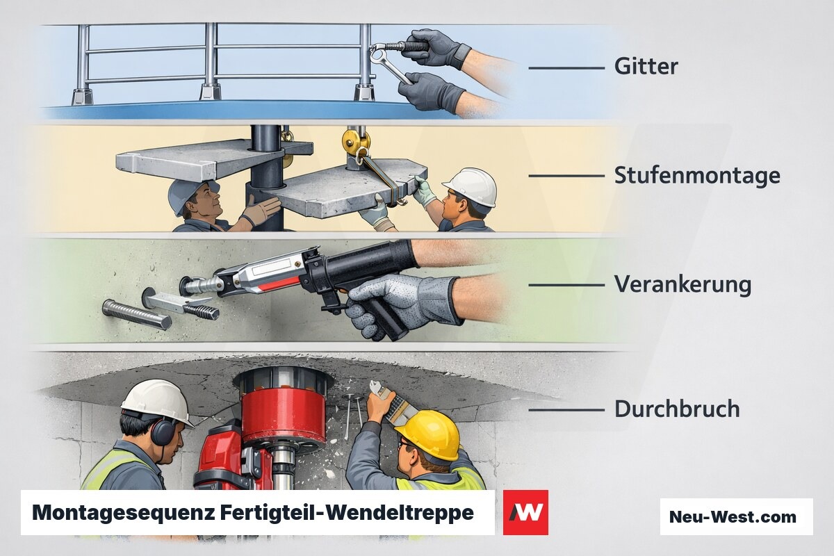 Montagesequenz Fertigteil-Wendeltreppe: Phasen und kritische Übergänge – Erklär-Grafik (NEUWEST Berlin)