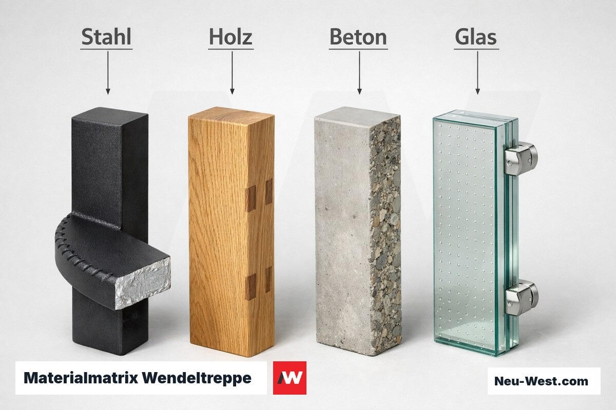 Materialmatrix Wendeltreppe: Stahl, Holz, Beton und Glas im Vergleich – Erklär-Grafik (NEUWEST Berlin)