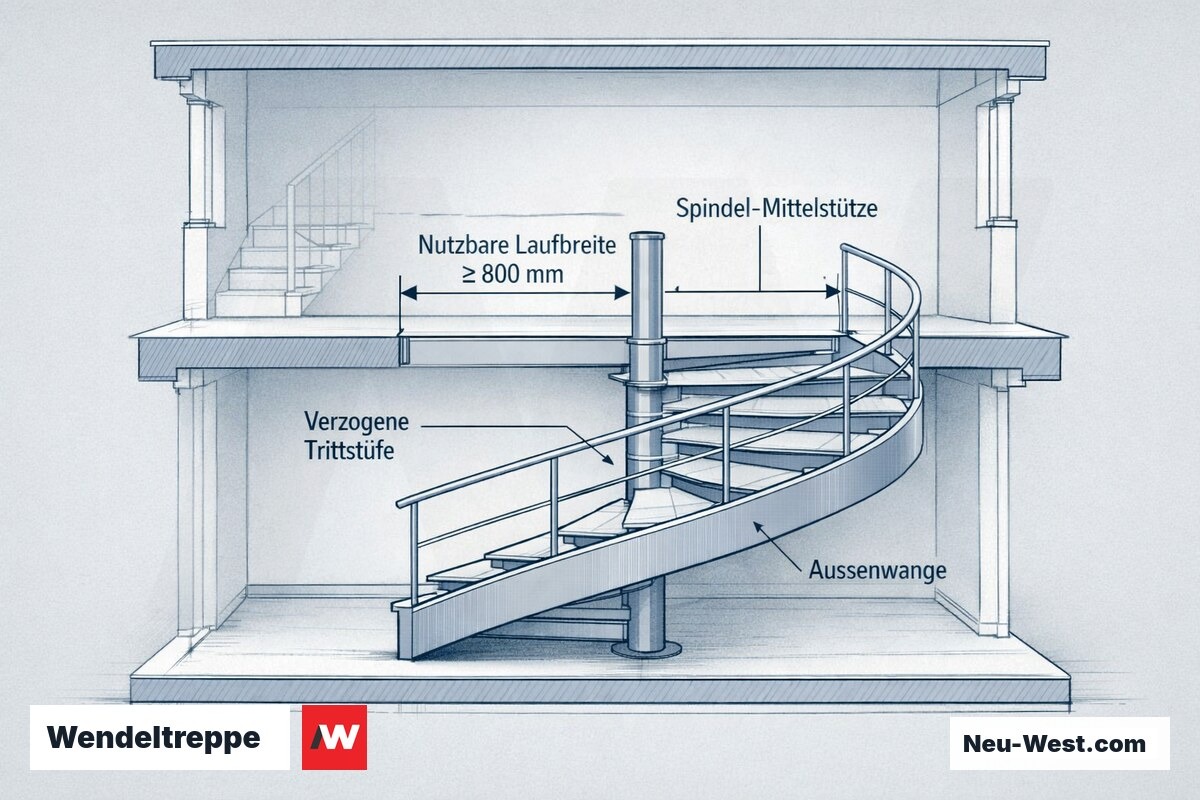 Querschnitt einer Wendeltreppe mit Bemaßung der nutzbaren Laufbreite von der Spindel bis zur Außenwange nach DIN 18065.