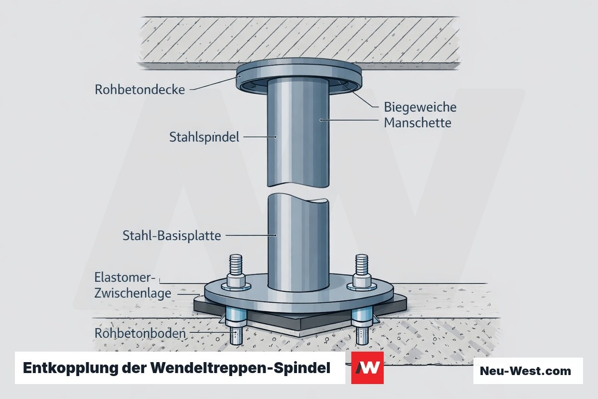 Cutaway-Detail: Stahlspindel einer Wendeltreppe am Fußpunkt auf Elastomer-Zwischenlage entkoppelt, oben biegeweiche Manschette am Deckenanschluss.