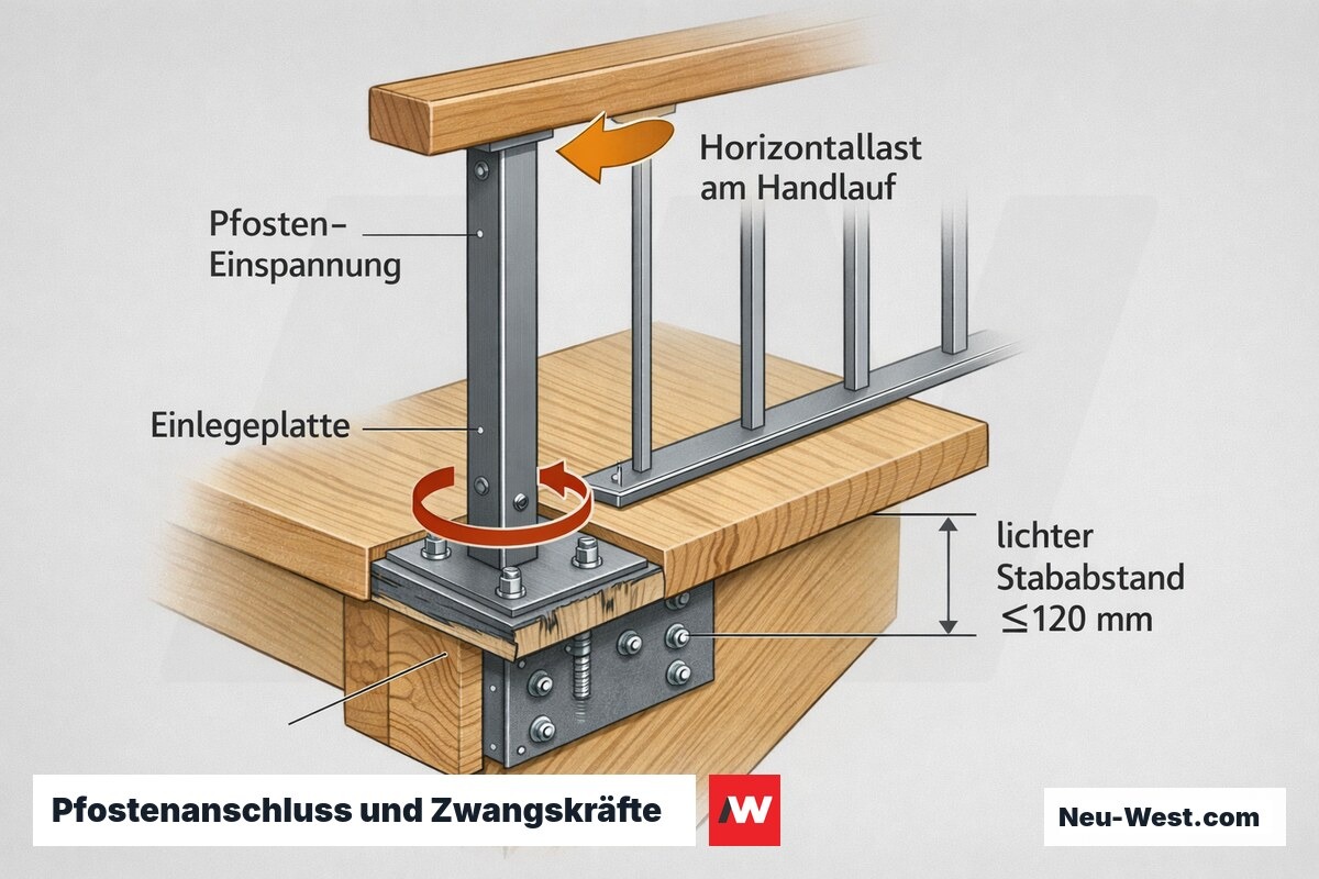 Erklär-Grafik: Geländerpfosten an Stufenvorderkante verschraubt, Einlegeplatte, Einspannmoment durch Horizontallast am Handlauf und lichter Stababstand unter 120 mm.