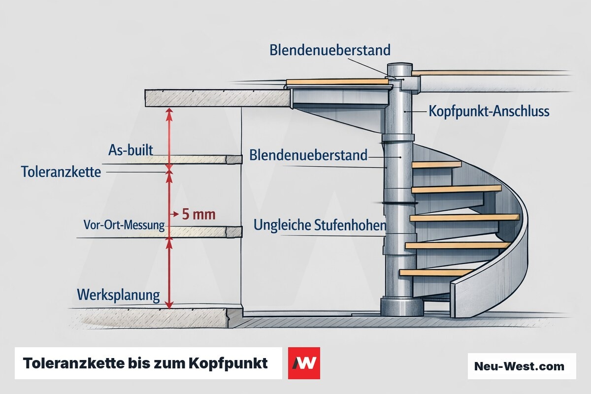 Querschnitt-Erklärgrafik: Toleranzkette einer Wendeltreppe von Planungsmaß über Aufmaß bis Einbau-Ist, mit Blendenüberstand und ungleichen Stufenhöhen am Kopfpunkt.