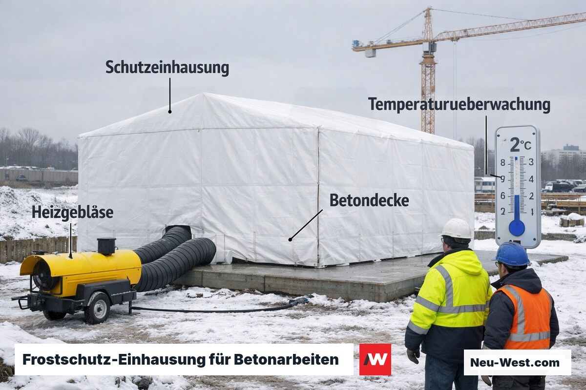 Winterbaustelle mit weißem Schutzzelt über Betonplatte, Heizgebläse und Außenthermometer bei 2 Grad Celsius