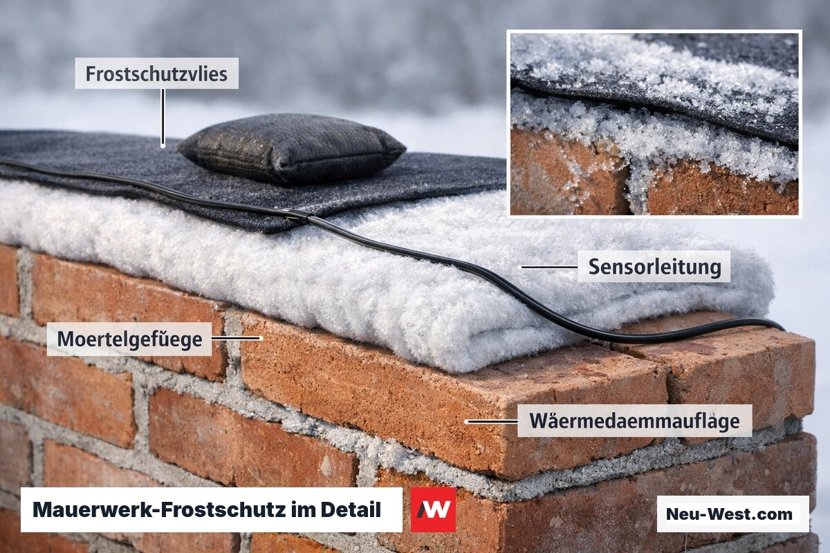 Mauerwerk mit Frostschutzvlies und Temperatursensor, Detailaufnahme Mörtelfugen bei Minusgraden