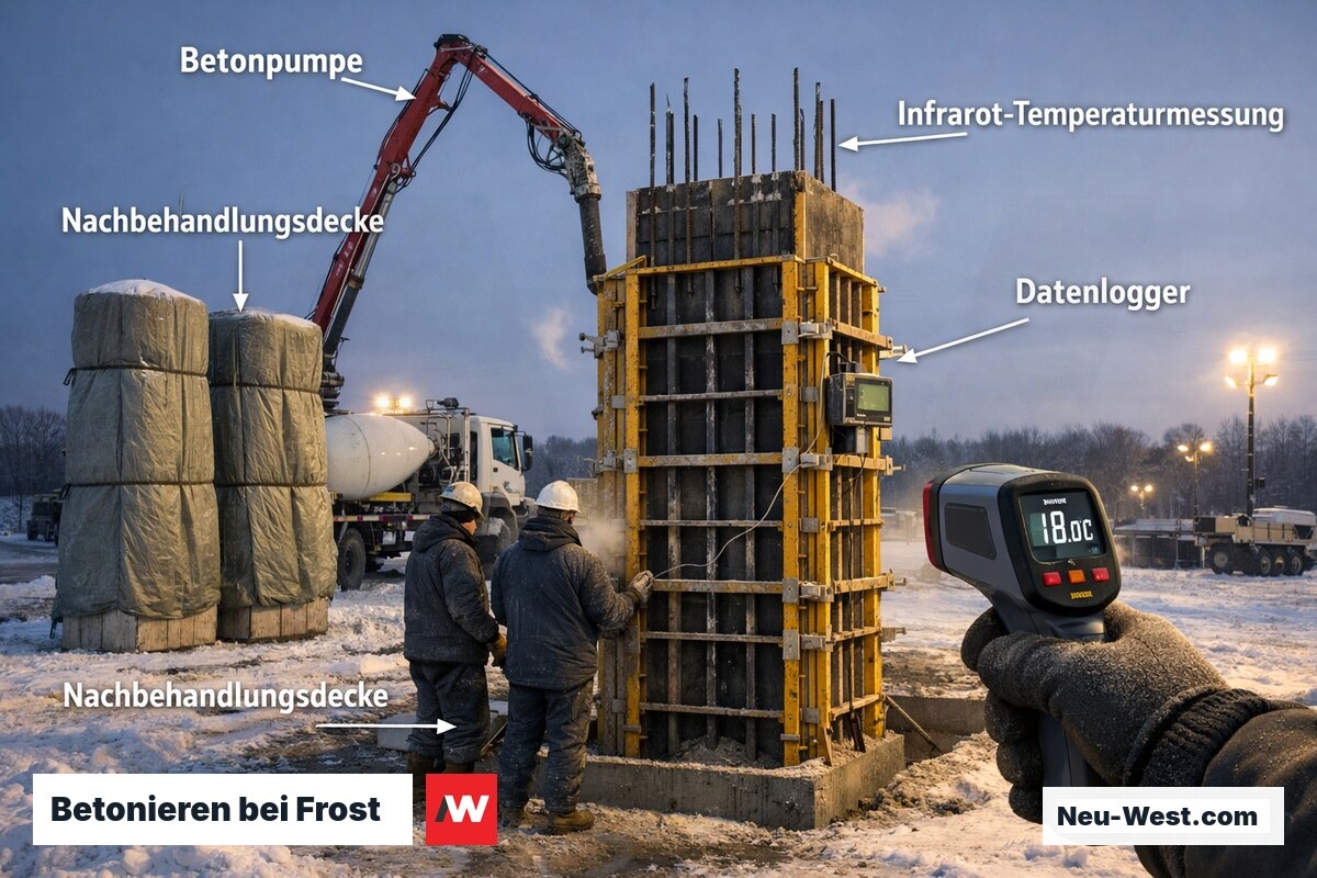 Betonierarbeiten im Winter mit Infrarotmessgerät, Nachbehandlungsdecken und Datenlogger an Stützenschalung