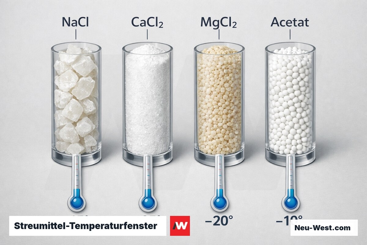 Streumittel-Temperaturfenster und Aktivierungszeit im Vergleich – Erklär-Grafik (NEUWEST Berlin)