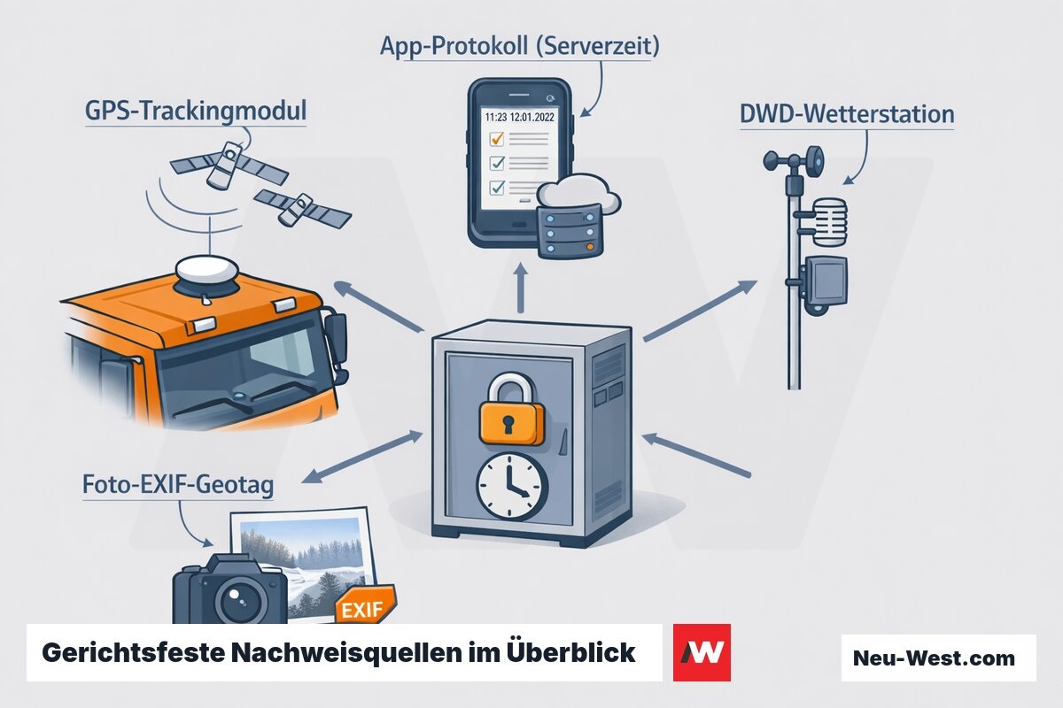 Schemagrafik: GPS-Tracker, App-Protokoll mit Serverzeit, DWD-Wetterstation und EXIF-Foto fließen in ein gesichertes Langzeit-Archiv.