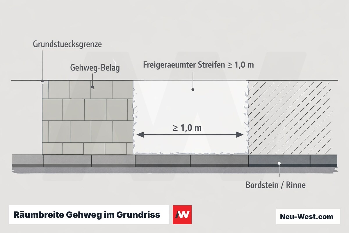 Grundriss-Schema eines Berliner Gehwegs mit freigeräumtem Streifen von mindestens 1,0 m Breite zwischen Grundstücksgrenze und Bordstein.