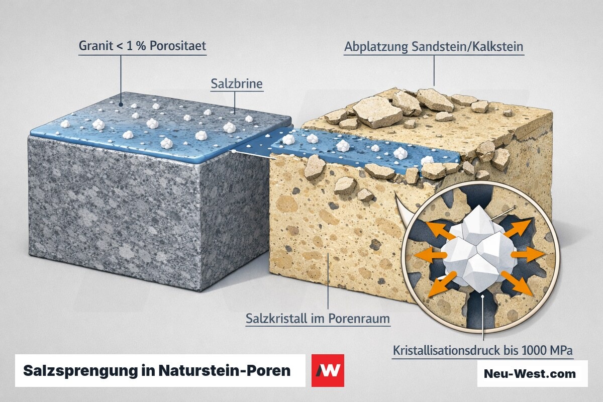 Querschnitt-Grafik: Salzkristalle erzeugen in Naturstein-Poren Kristallisationsdruck bis 100 MPa und lösen Abplatzungen bei porösem Sandstein und Kalkstein aus.
