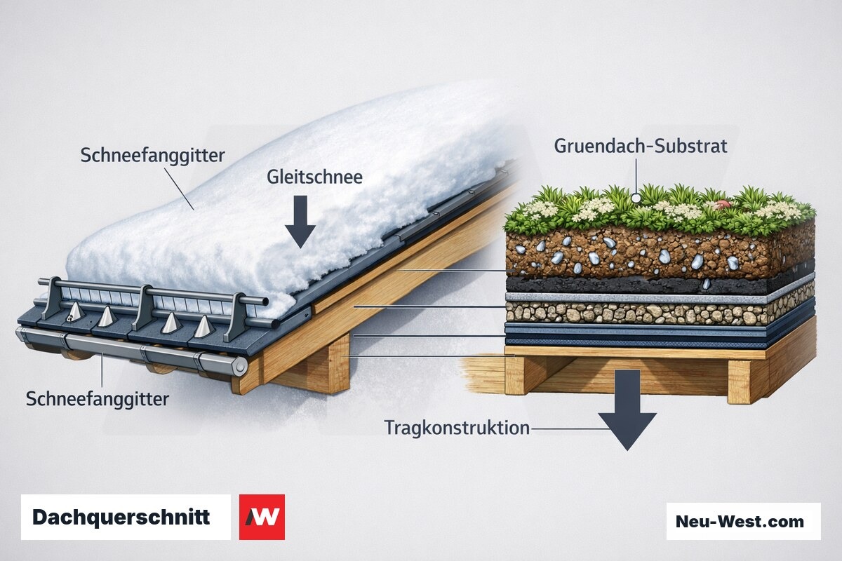 Dachquerschnitt mit Schneefangsystem am Traufrand, abrutschender Schneeschicht und wassergesättigtem Gründach-Aufbau über der Tragkonstruktion mit Lastpfeil.