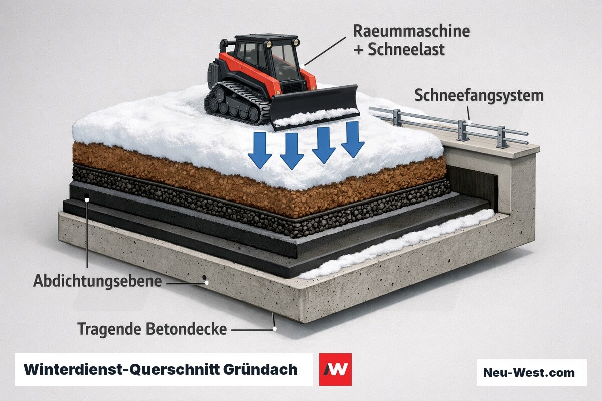 Querschnitt eines Gründachs im Winter mit Schichtaufbau, Abdichtungsebene, tragender Betondecke, Räummaschine mit Schneelast und Schneefangsystem am Dachrand.