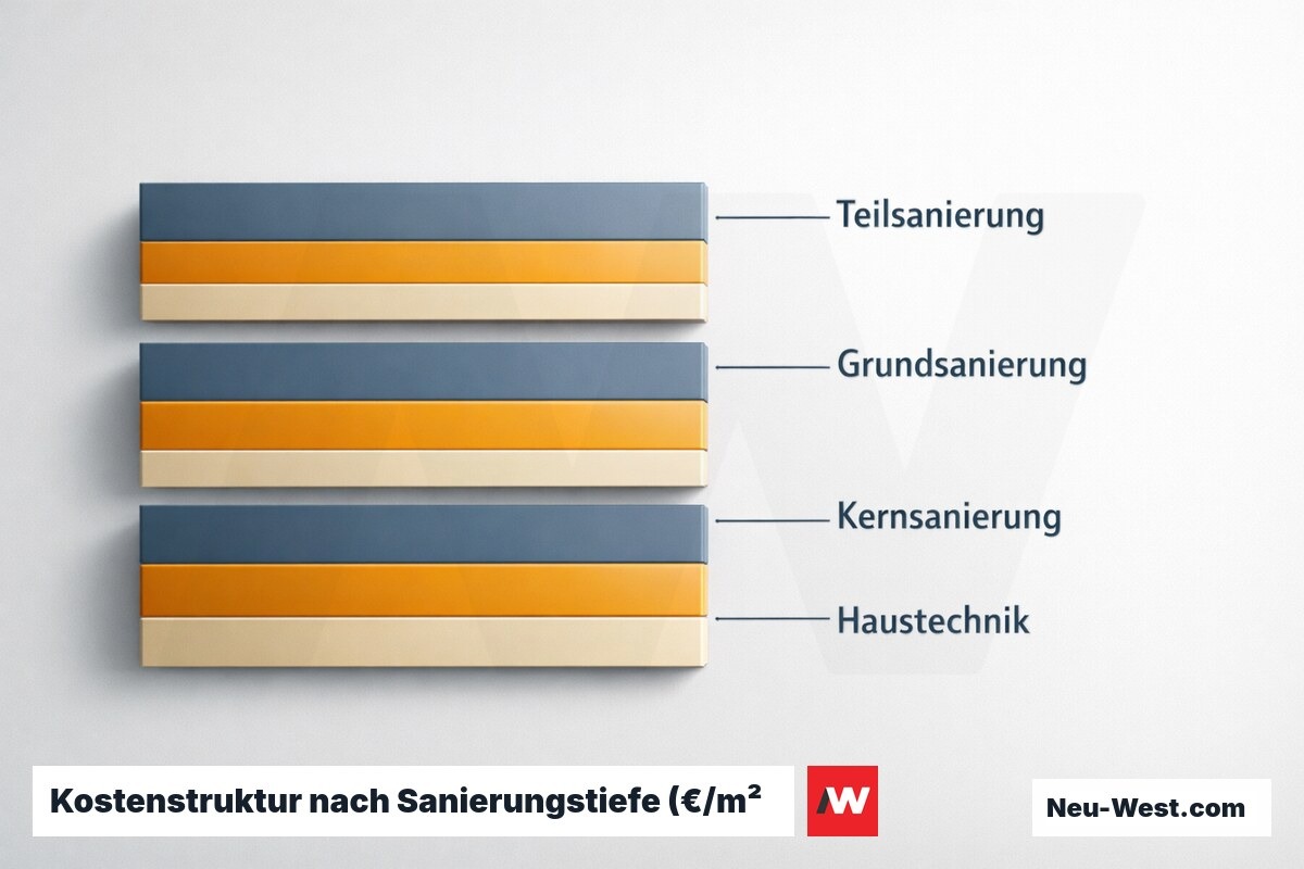 Kostenstruktur nach Sanierungstiefe (€/m² Wohnfläche) – Erklär-Grafik (NEUWEST Berlin)