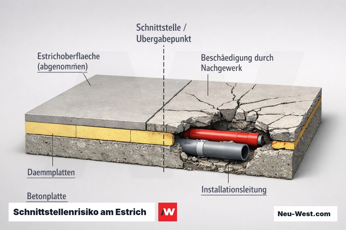 Querschnitt eines Fussbodens: fertiger Estrich links, beschaedigte Schnittstelle mit Installationsleitung des Nachgewerks rechts, Uebergabepunkt markiert.
