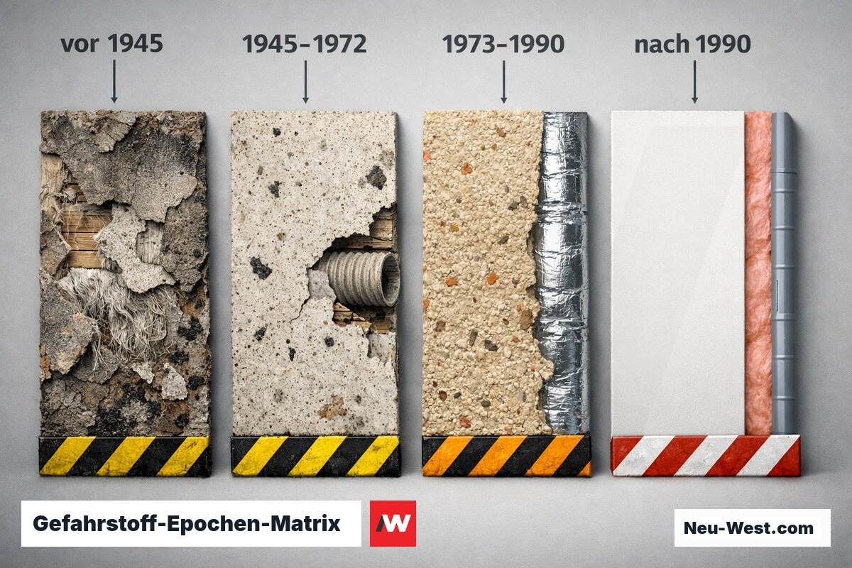 Gefahrstoff-Epochen-Matrix: Baujahr und TRGS-Pflichten – Erklär-Grafik (NEUWEST Berlin)