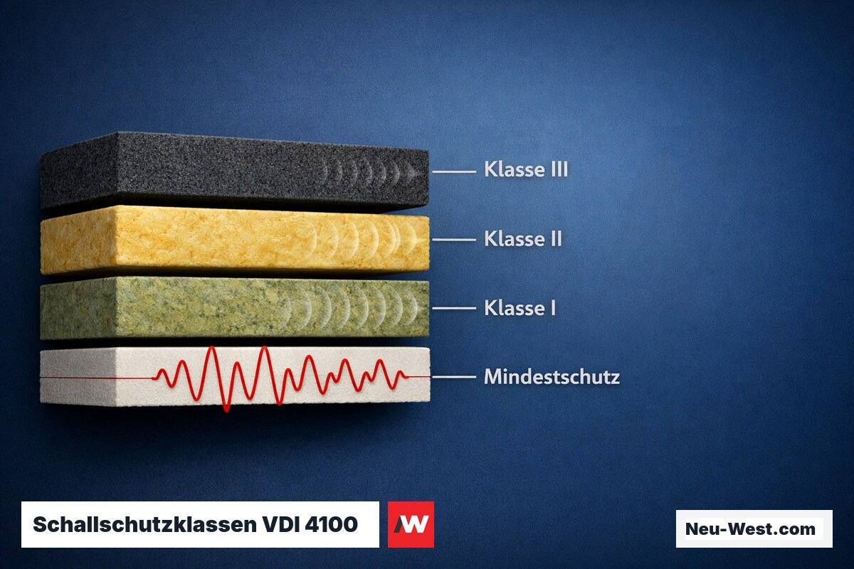 Schallschutzklassen VDI 4100 vs. gesetzliches Mindestmaß DIN 4109 – Erklär-Grafik (NEUWEST Berlin)