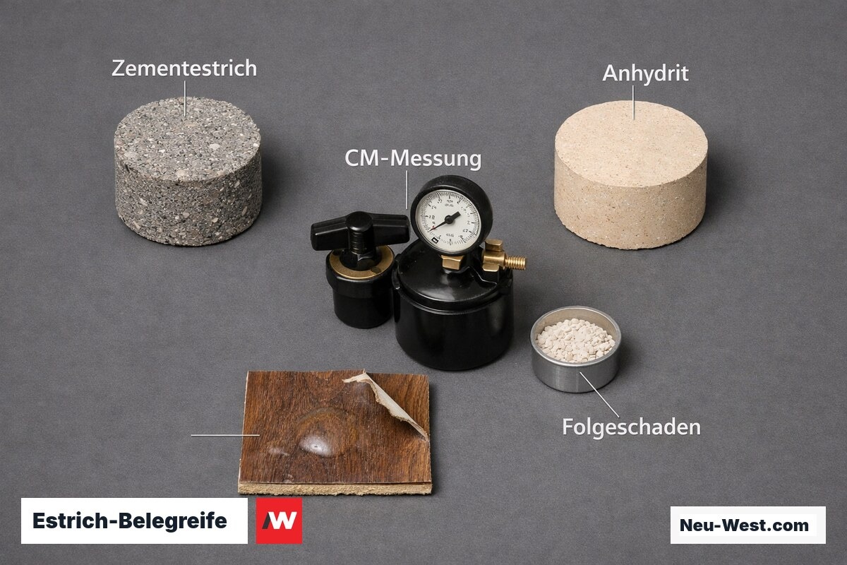 Estrich-Belegreife: CM-Grenzwerte Zementestrich vs. Calciumsulfat – Erklär-Grafik (NEUWEST Berlin)