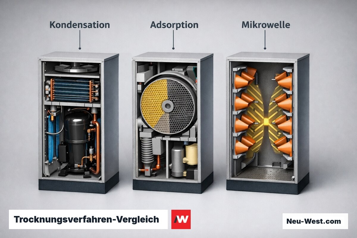 Trocknungsverfahren-Vergleich: Kondensation / Adsorption / Mikrowelle – Erklär-Grafik (NEUWEST Berlin)